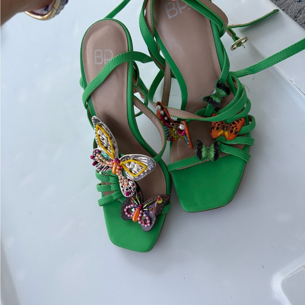bp Green Butterfly Embellished Strappy heels with matching bag